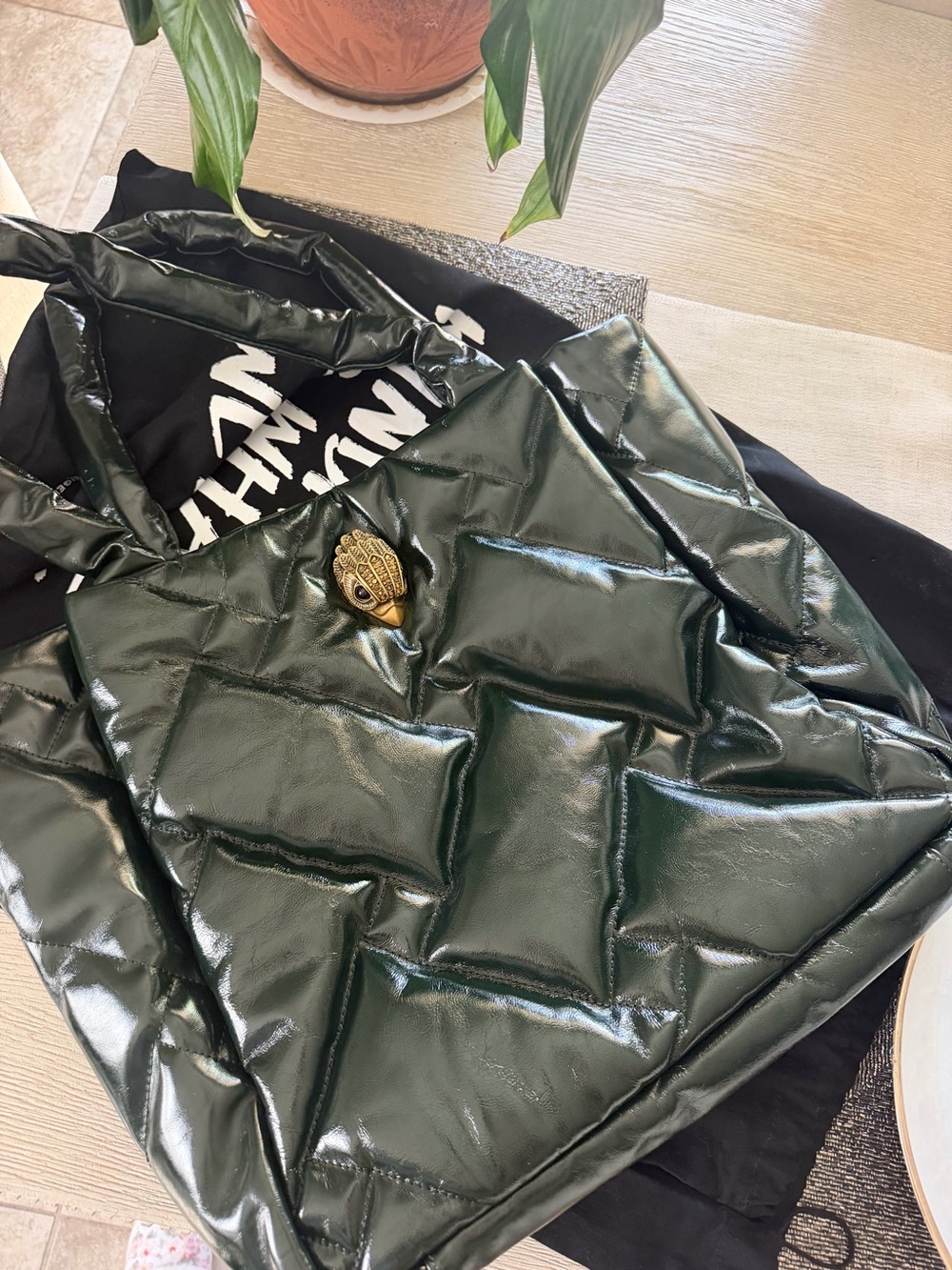 Kurt Geiger Dark Green Quilted Puffer Tote with Gold Bee Accent